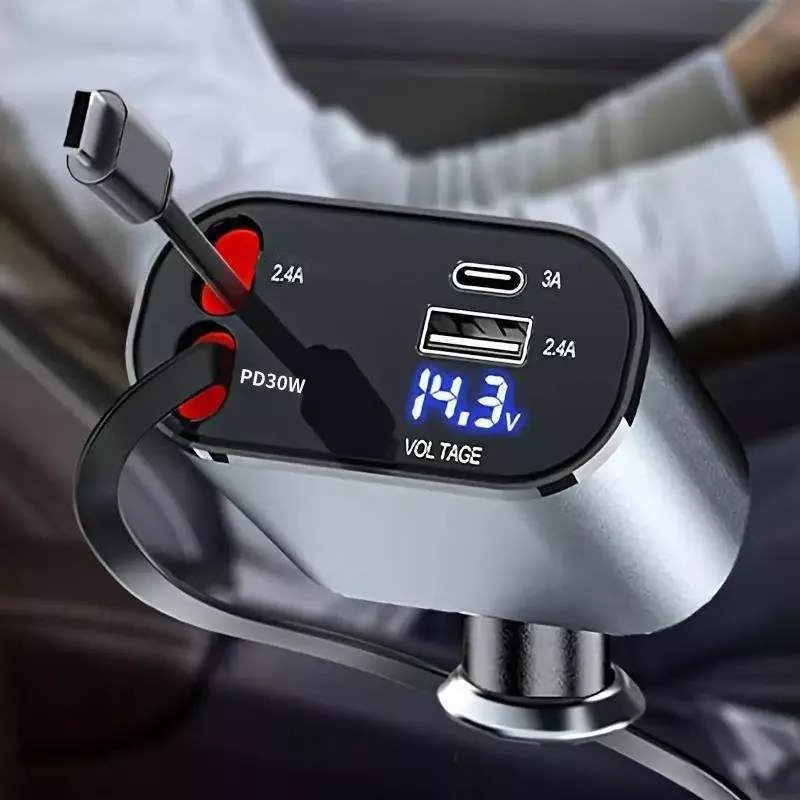 4-in-1 Retractable Multi-Device Car Charger with Ultra-Fast Charging