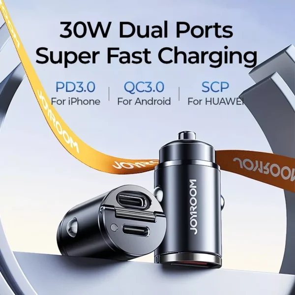 30W Dual Port Car Charger – Fast Charging Type-C USB Mini Adapter with Pull Ring - Image 2