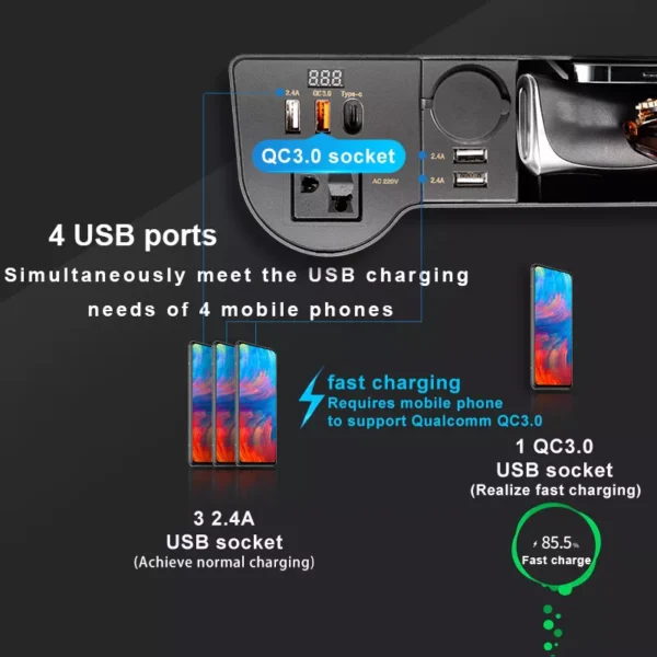 USB Car Seat Gap Organizer with LED Display and 220V Power Adapter - Image 3