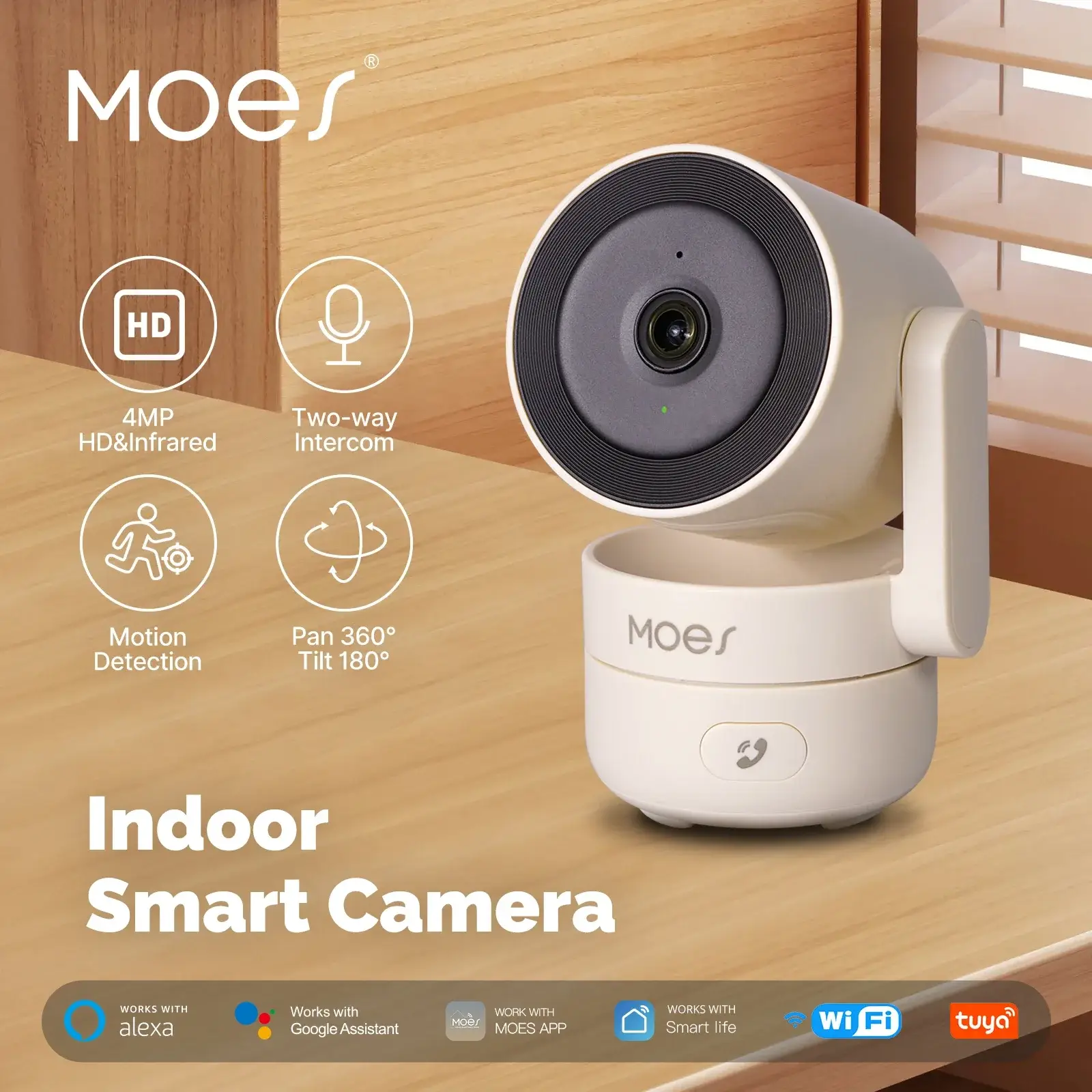 MOES Tuya WiFi Indoor Smart Security Camera 4MP HD Pan Tilt | Night Vision, Motion & Sound Detection, Panoramic Patrol